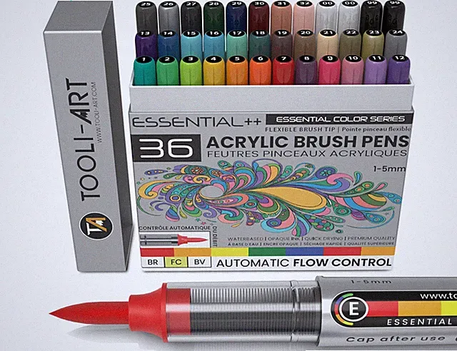 36 Essential Flexible Brush Acrylic Paint Pens AUTOMATIC FLOW CONTROL 1-5mm