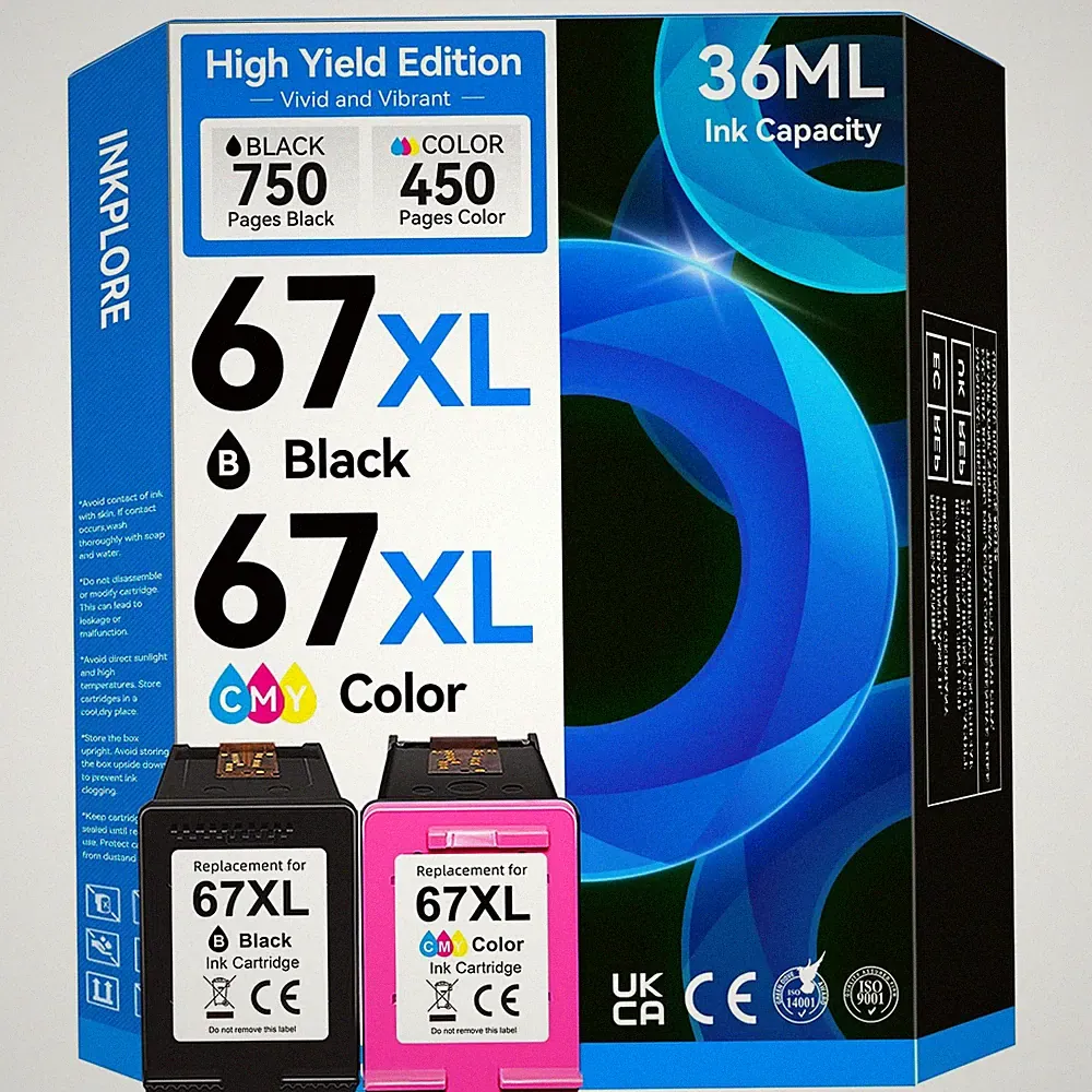 67XL Ink Cartridges Black Color Combo Pack, Compatible for HP Ink 67, Compati...