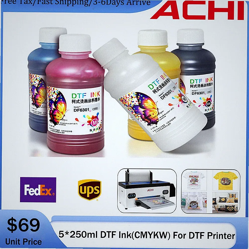 ACHI 5 Color DTF INK For Epson A3 DTF T-Shirt Printer CYMKW 5 X 250ml