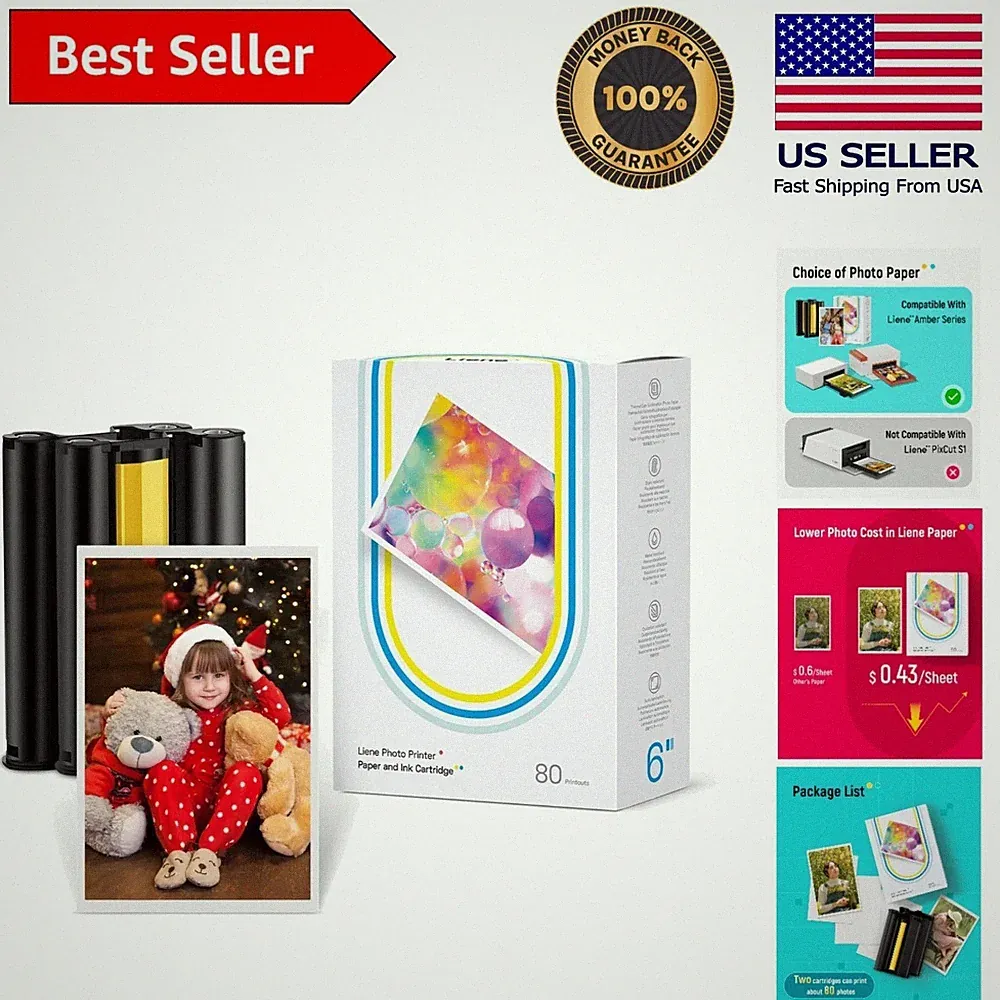 Amber 4x6” Dye Sublimation Photo Printer Bundle: 80 Sheets & 2 Cartridges