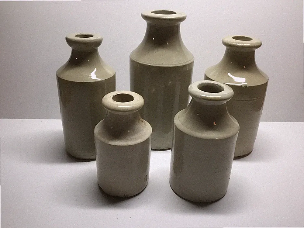 Antique Lot Of 5 Off White Stoneware Ink /Polish Bottles.