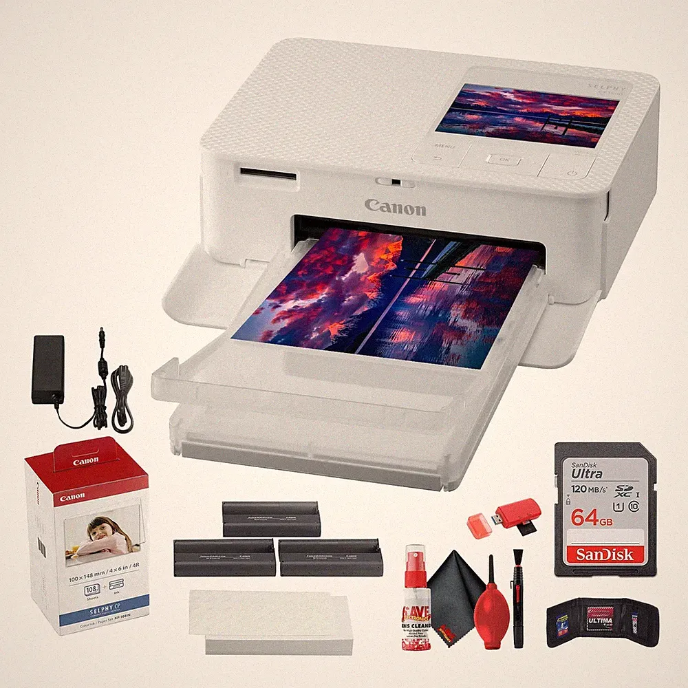Canon SELPHY CP1500 Photo Printer (White) + Canon Color Ink and Paper Set + More