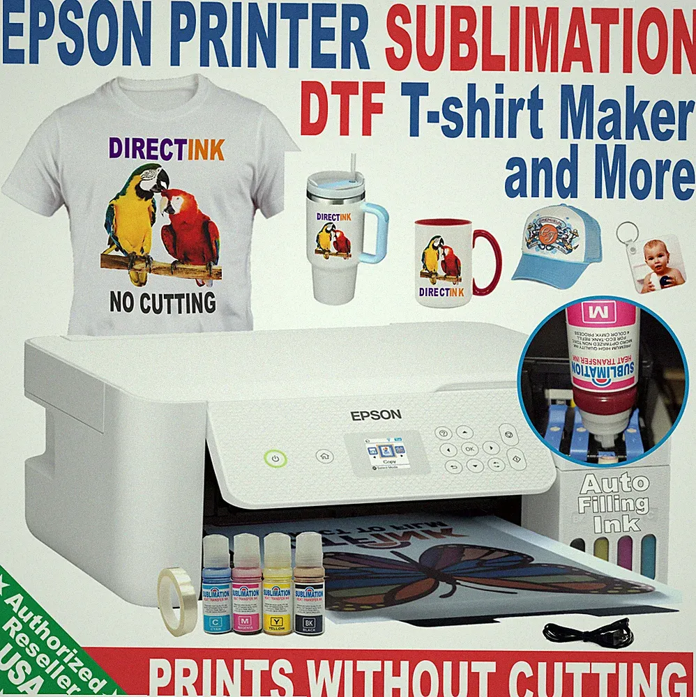 Epson Printer with Sublimation ink Heat Transfer Direct DTF T- Shirt Start Bundl