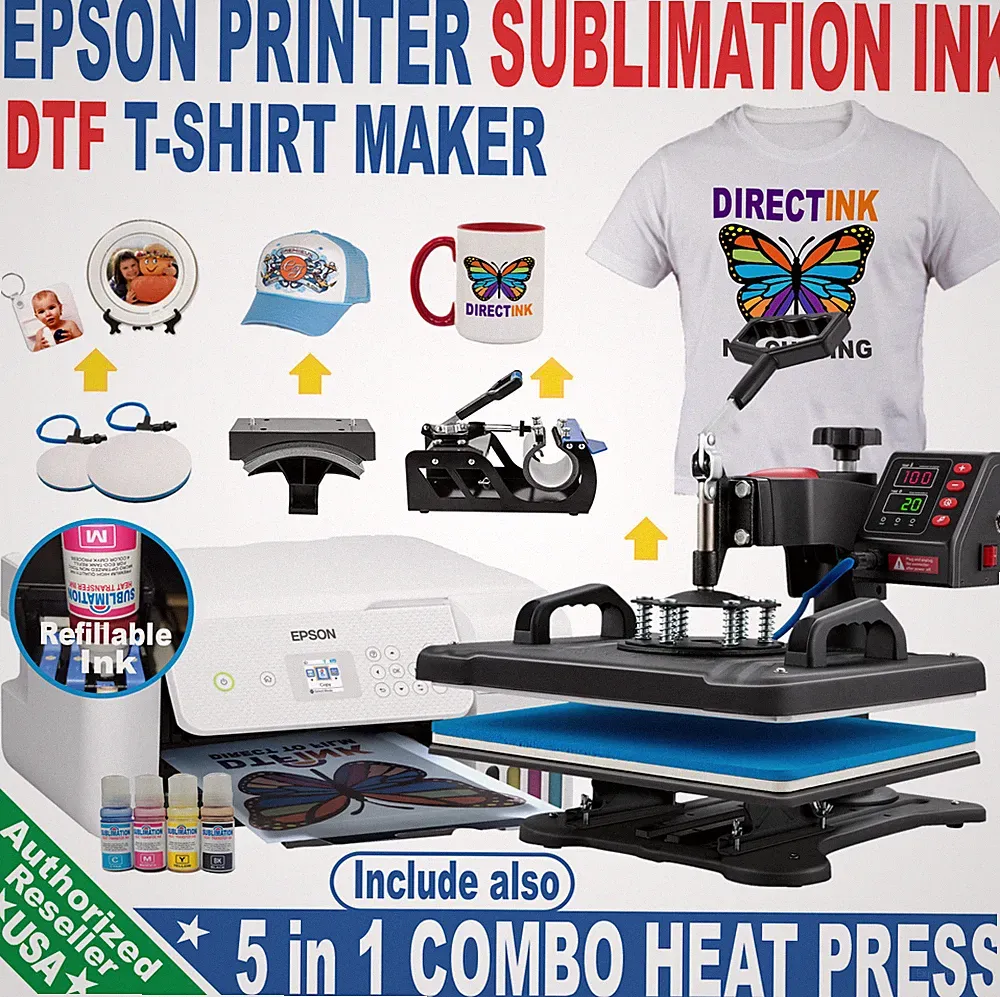 Epson Printer with Sublimation ink Kit plus 5 in 1 Heat Press Complet Bundle