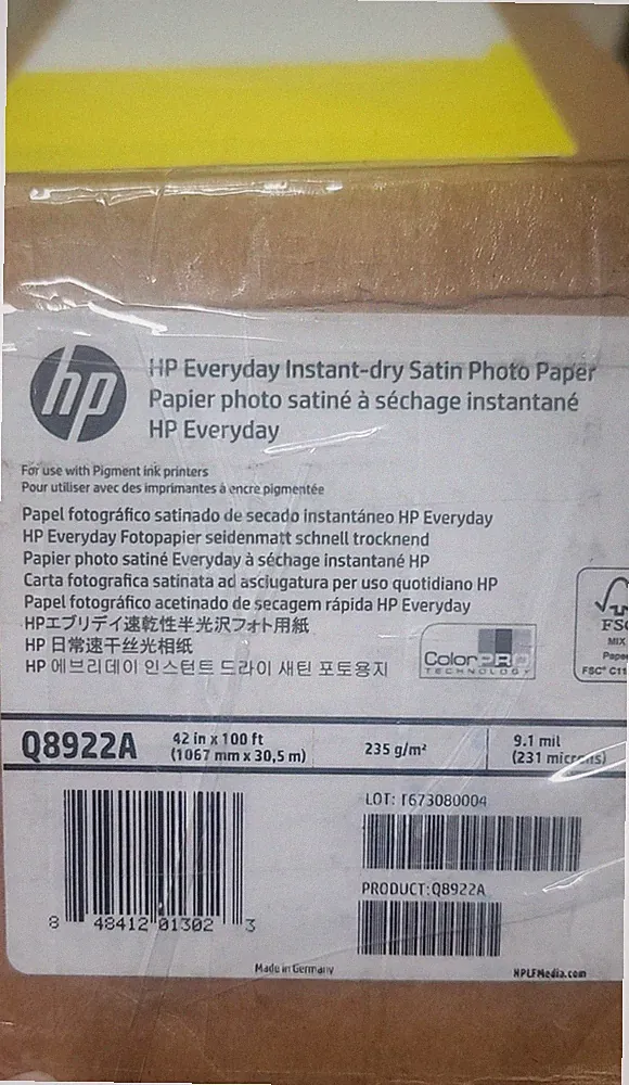 HP Everyday Pigment Ink Photo Paper Roll,9.1 mil,42" x 100', Satin White- Q8922A