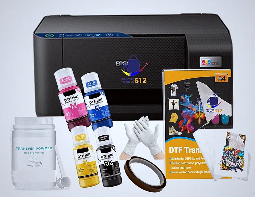 PRINTERWORLD All-in-One DTF Ink & Powder T-Shirt Printer Epson | Starter Kit NEW