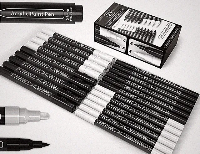 TOOLI-ART Black and White Acrylic Paint Pens 21 Markers Set (0.7mm + 3.0mm)